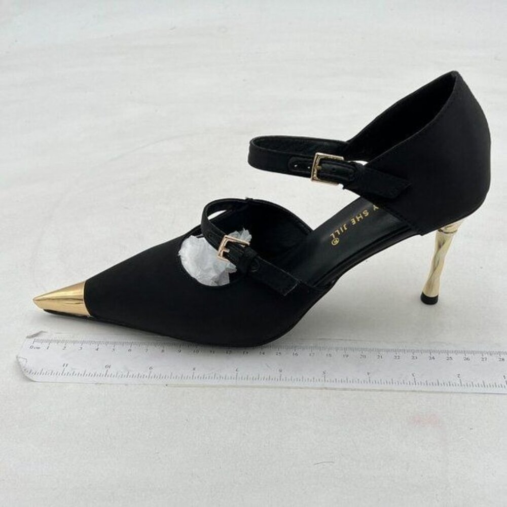 Funny She Jill Black Pointed Toe High Heel Shoes Ankle Strap Heels Stiletto Shoe